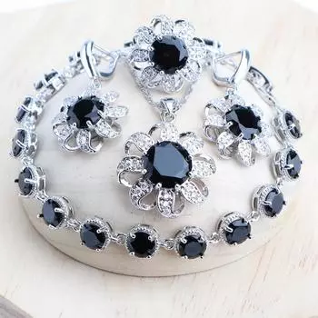 Свадебный комплект ювелирных изделий из кубического циркона для женщин, свадебные кольца/браслеты/серьги/подвеска, комплект ожерелья 7 чёрный
