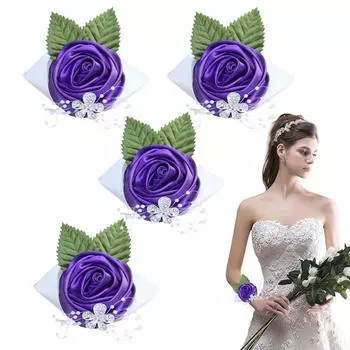 Свадебный корсаж на запястье 4 шт., браслет с розами, атласное украшение на запястье для выпускного вечера, элегантный браслет с жемчужным цветком для подружки невесты фиолетовый