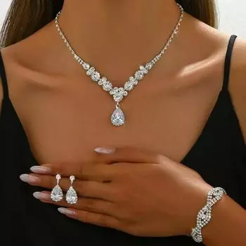 Свадебный костюм, свадебное платье, ожерелье с каплями воды и цирконами, браслет, серьги, браслет, ювелирные изделия из трех частей.