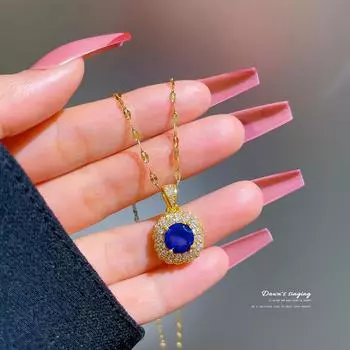 Свадебный кулон из нержавеющей стали 316L, ожерелье для женщин, нежное овальное ожерелье с синим камнем и цирконием