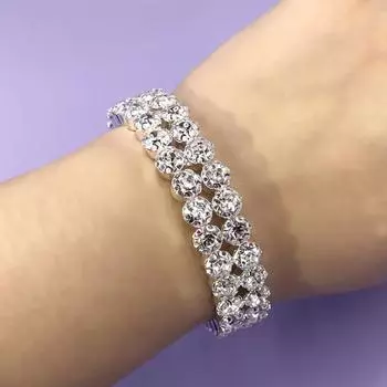 Свадебный универсальный бриллиантовый эластичный браслет с бриллиантами, двойной ряд, открытый браслет серебряный