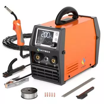 [ЕС/Великобритания]HITBOX 140A MIG сварочный аппарат ARC/LIFT TIG/Spool Gun 4 в 1 MIG сварочный аппарат с ЖК-дисплеем Synergy 110 В 220 В инверторный сварочный аппарат IGBT с двойным напряжением European regulations оранжевый