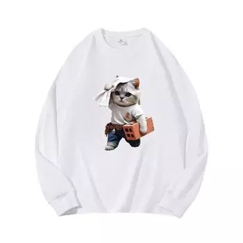 Sweat Wiping Cat Autumn Clothing Long Sleeved Pure Cotton New Men s and Women s Top, Spring Inner Layer, Basic Shirt, Round Neck Long Sleeved T-shirt M коричневый