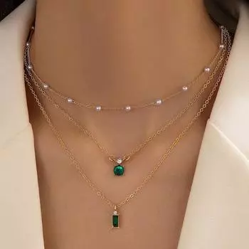 Sweater Chain Creative Retro Imitation Grandmother Blue-green Pearl Chain Multi-layer Necklace Simple Three-layer Collarbone Chain