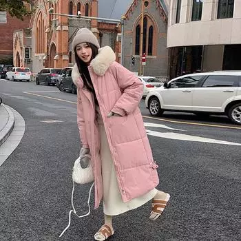 Sweater collar cotton-padded jacket long winter thickened simple cotton-padded jacket Korean version loose knee jacket cotton-padded jacket S чёрный