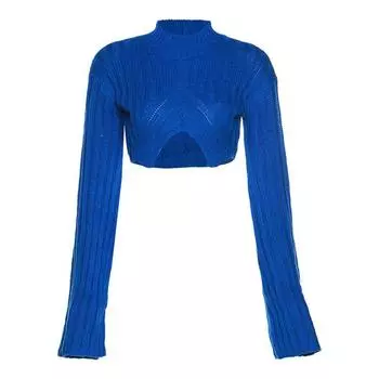 Sweater Fashion New Autumn New Arrival Fashion round-Neck Flared Sleeves Short Crop Top Stylish Knitting Sweater Women Blue S