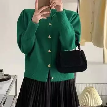 Sweater Jacket Female Fall Gentle Wind Long-sleeved Love Button Short Section Loose Knitted Cardigan Top Tide One size красный