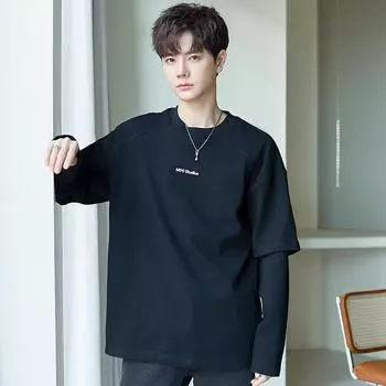 Свитер мужской японский тренд тяжелый круглый вырез нижняя рубашка весна и осень свободный повседневный подростковый поддельные длинные рукава S чёрный