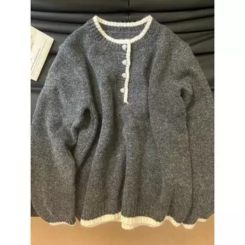 Sweater Women s 2025 New Arrival Winter Loose and Idle Fancy Gray Thickened Raccoon Fur Contrast Color Knitting Tops Grey XL