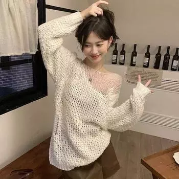 Sweater women s medium and long loose spring and autumn knitted sweater lazy wear one-word shoulder off-the-shoulder top S/85-100