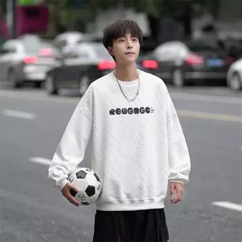 Толстовка мужская весна и осень новый свободный круглый вырез пуловер пальто корейский стиль модный принт нижняя часть рубашки верх M