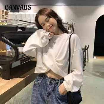 Толстовка женская большого размера свободная осенняя с открытым пупком и длинными рукавами M белый