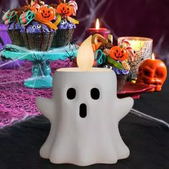 Свеча-призрак на Хэллоуин, мерцающий светодиодный беспламенный светодиодный подсвечник-призрак, центральный элемент для стола, домашний офис, вечеринка, праздничный декор белый