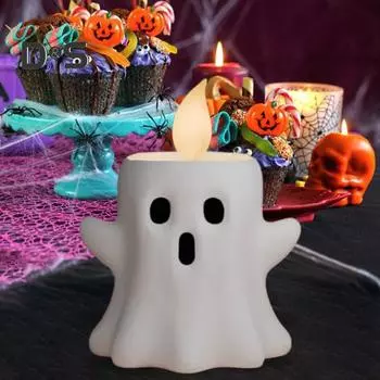 Свеча-призрак на Хэллоуин, мерцающий светодиодный беспламенный светодиодный подсвечник-призрак, центральный элемент для стола, домашний офис, вечеринка, праздничный декор белый