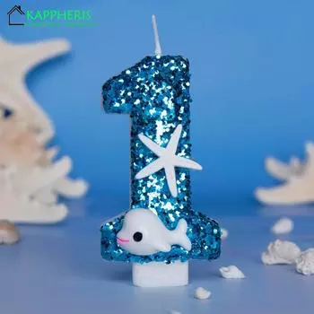Свечи на детский день рождения в виде дельфина для мальчиков, синие блестящие свечи для торта в виде морской звезды, украшение для вечеринки в виде цифры 0-9