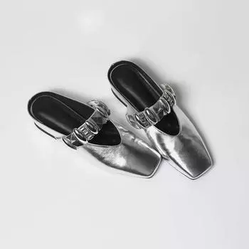 Sweet and cool British style metal single shoes women s 2025 European in-app heightening outer wear bag head drag square head word with half drag 35 серебряный