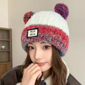 Sweet and cute bear hat female winter warm and cold protection ear protection versatile wool hat pullover hat showing face small knitted hat Elastic Elastic