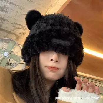 Sweet and cute bear plush knitted hat children autumn and winter thickened warm imitation fur pullover wool hat basin hat белый