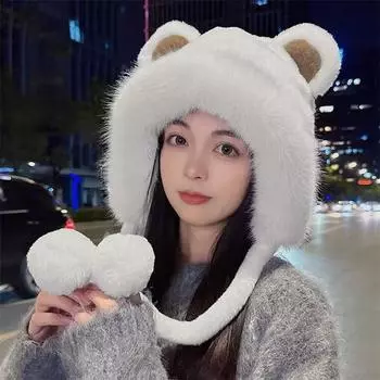 Sweet and cute bear plush knitted hat children s winter thickened warm big head circumference imitation fur pullover ear hat