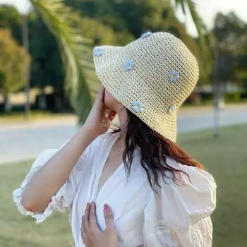 Sweet and cute blue flower straw hat female big eaves seaside sunshade summer beach sunscreen small fresh bucket hat tide one size fits all абрикосовый