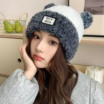 Sweet and cute ears plush hat women s cold and warm bear knitted hat autumn and winter new striped ear hat M55-60cm серый