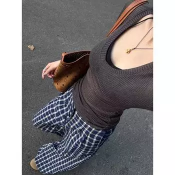 Sweet and Spicy Schoolgirl Solid Sexy Spring/Summer Cover up Slightly Transparent Slim fit V-neck Sun-Protective Clothing Knit Long sleeves Shirt Top Dark gray Quality Edition XXL