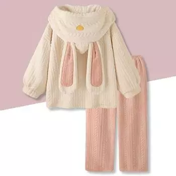 Sweet Autumn Winter Flannel Warm Pajamas Set Women Long Sleeve Home Suit Cartoon Casual Sleepwear Long Velvet Thicken Loungewear M