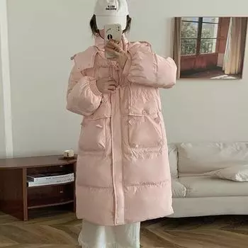 Sweet bamboo buckle down jacket women s medium and long 2024 winter new hooded knee thickened warm jacket S розовый