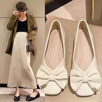 Sweet Bow 2024 Spring and Autumn New Flat Bottom Square Head Single Shoes Shallow Mouth Flat Heel Soft Sole Grandma Versatile Doudou Shoes 35 чёрный