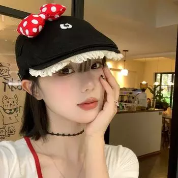 Милый дизайн банта кружевной край береты шапки Y2k лето и осень тонкие дышащие универсальные милые ретро шляпы вперед для женщин 56-58cm белый