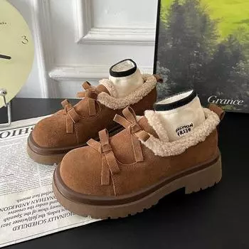 Sweet Bow Suede Snow Boots Women Chunky Mid Heels Cotton Shoes 2024 Trend Winter Short Plush Lolita shoes Women Warm Cozy Boots 35 коричневый