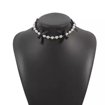 Sweet Bowknot Beaded Necklace Elegant Ribbon Bows Round Bead Choker Necklaces for Women Girls Clavicle Chain Jewelry чёрный