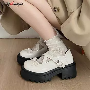 Sweet Bowknot Lolita Shoes Women Japanese JK uniform shoes Fashion Platform Buckle Mary Jane Shoes students Cosplay Shoes 4.5 чёрный