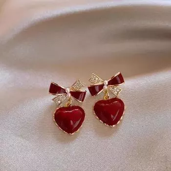 Sweet Bowknot Love Earrings Red Drop Uranium Earrings Unique Love Heart Pendant Ear Drop Women красный