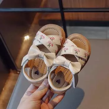 Sweet Children s Sandals Girl Summer Bowknot Fashion Kids Embroider Beach Shoes Fashion Versatile Toddlers Causal Flat Sandals 22 зелёный