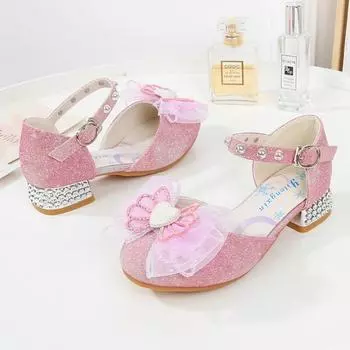Sweet Children s Summer Sandals Lace Bowtie Girl s High Heel Shoes Fashion Sequins Kids Princess Causal Wedding Party Sandals 24 розовый