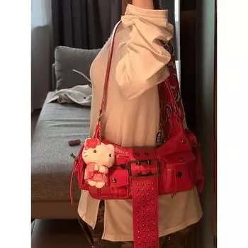 Sweet Cool Gyaru Underarm Bag Punk Style Retro Personality Rivet Motorcycle Bag Women Trendy Large Capacity Shoulder Messenger Bag Red