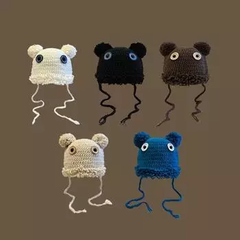 Sweet, cute, funny, big eyes, wool straps, ear protectors, cold-proof knitted hats, children wear comfortable, fashionable and versatile (56-58cm) adjustable чёрный