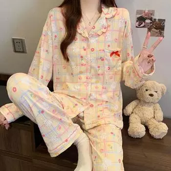 Sweet Cute Kawaii Rabbit Print Women s French Romantic Two-color Plaid Lounges Milk Silk Wrinkle Cloth Homewear M