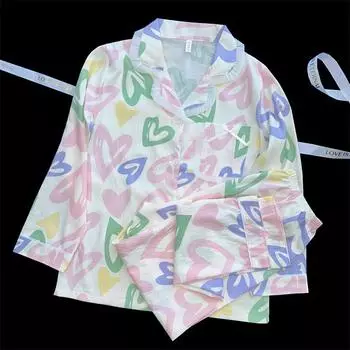 Sweet Cute Love Print Kawaii Women s Pajamas Long Sleeve Top & Elastic Waist Pants Women s Pajamas Set Autumn Winter Nightwear M