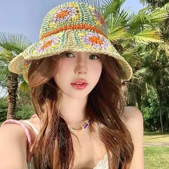 Сладкий Допамин красочные цветы полые плетеные соломенные шапки для женщин летний отдых на море пляж защита от солнца большие поля шляпа-ведро 56-58cm