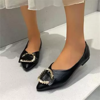 Sweet Flats Women Summer Casual Leather Slip on Pointed Toe Fashion Shoes for Women Solid Metal Buckle Casual Platform Flats 35 чёрный