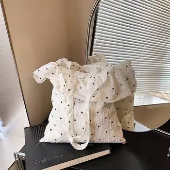 Sweet Frill Red Bag Women 2025 New Trendy Lazy Style Polka Dot Tote Bag Large Capacity Bag Fairy White