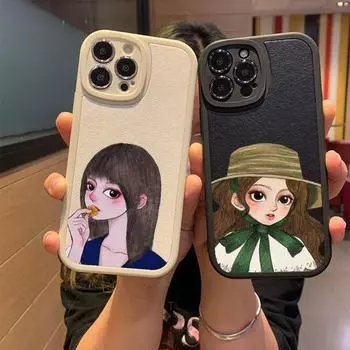 Sweet Girl Hand Drawn Phone Case For Apple Iphone 13 14 Pro 11 12 Mini Max X Xr Xs 8 7 Puls Lambskin Silicone Cover iPhone 7