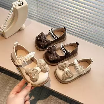 Sweet Girl Princess Shoes Elegant Floral Bowknot Children s Leather Shoes Spring Autumn Fashion Kids Pearl Flat Mary Jane Shoes 21 темно-коричневого