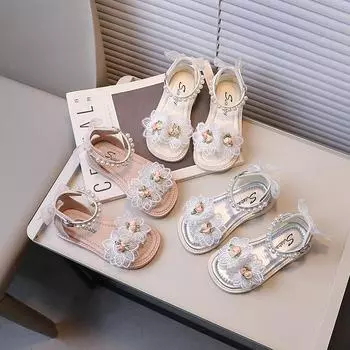Sweet Girls Princess Sandals Summer New Children Chic Flower Pearl Flat Sandals Fashion Open-toe Kids Bowtie Roman Sandals Soft 23 розовый