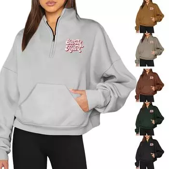 SWEET HEANT Женская повседневная свободная толстовка с длинным рукавом и принтом ко Дню святого Валентина на молнии с капюшоном S чёрный