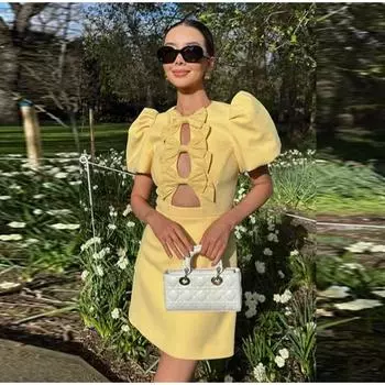 Милое облегающее платье с открытыми бантами для женщин, элегантное мини-платье с коротким рукавом для женщин, стильное вечернее платье на все сезоны S