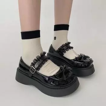 Милые кружевные женские туфли Мэри Джейн на среднем каблуке, милые туфли Лолиты на платформе с бантом, женские нескользящие туфли Jk с круглым носком и толстой подошвой 35 бежевый