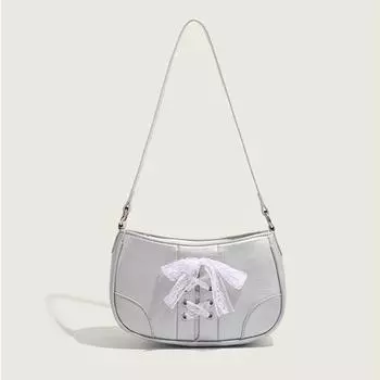 Sweet Lace Tied Bow Underarm Bag Women Trend Solid Single Shoulder Crossbody Bags Versatile Commuting Shopping Card Pack Wallet (20cm<Max Length<30cm)